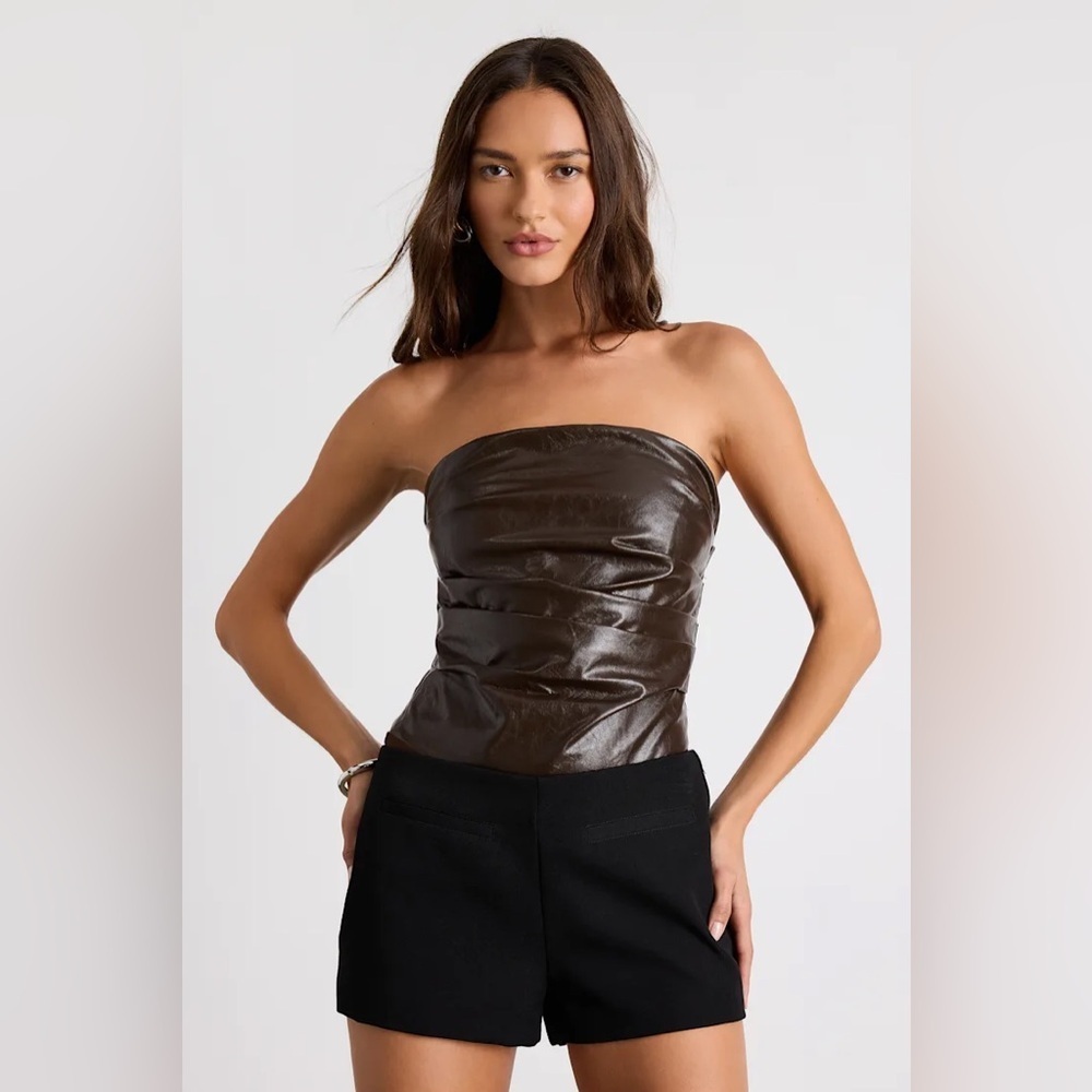Lulus Anwyn Dark Brown Vegan Leather Ruched Strapless Bodysuit